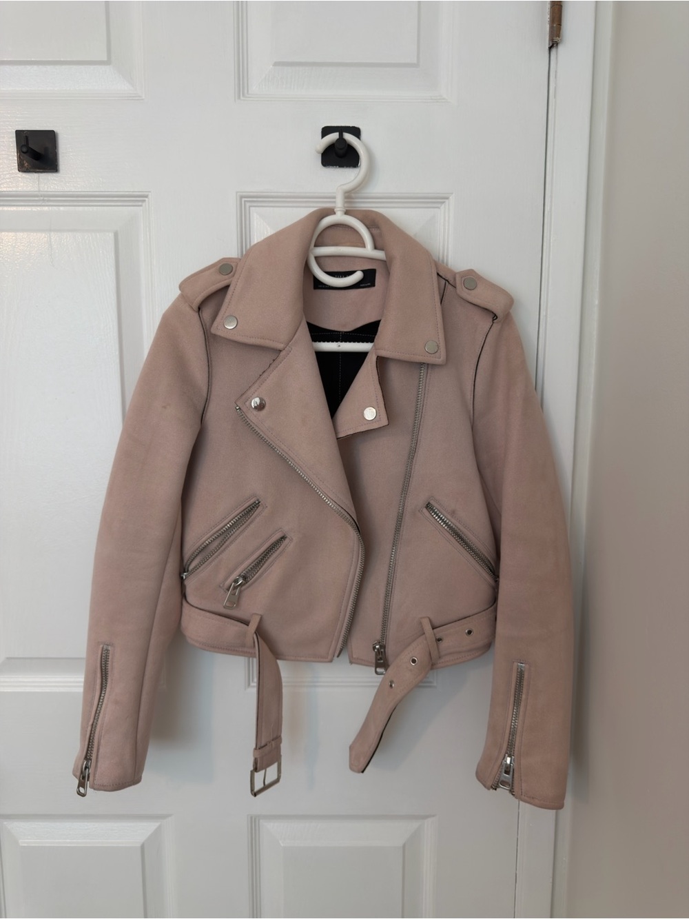 ZARA Womens Blush Pink Moto Jacket with Belt